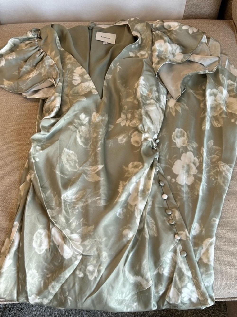 Reformation Vida Satin Maxi Dress | Vendela Floral Print Sage Ivory | Size 0 - Picture 12 of 16